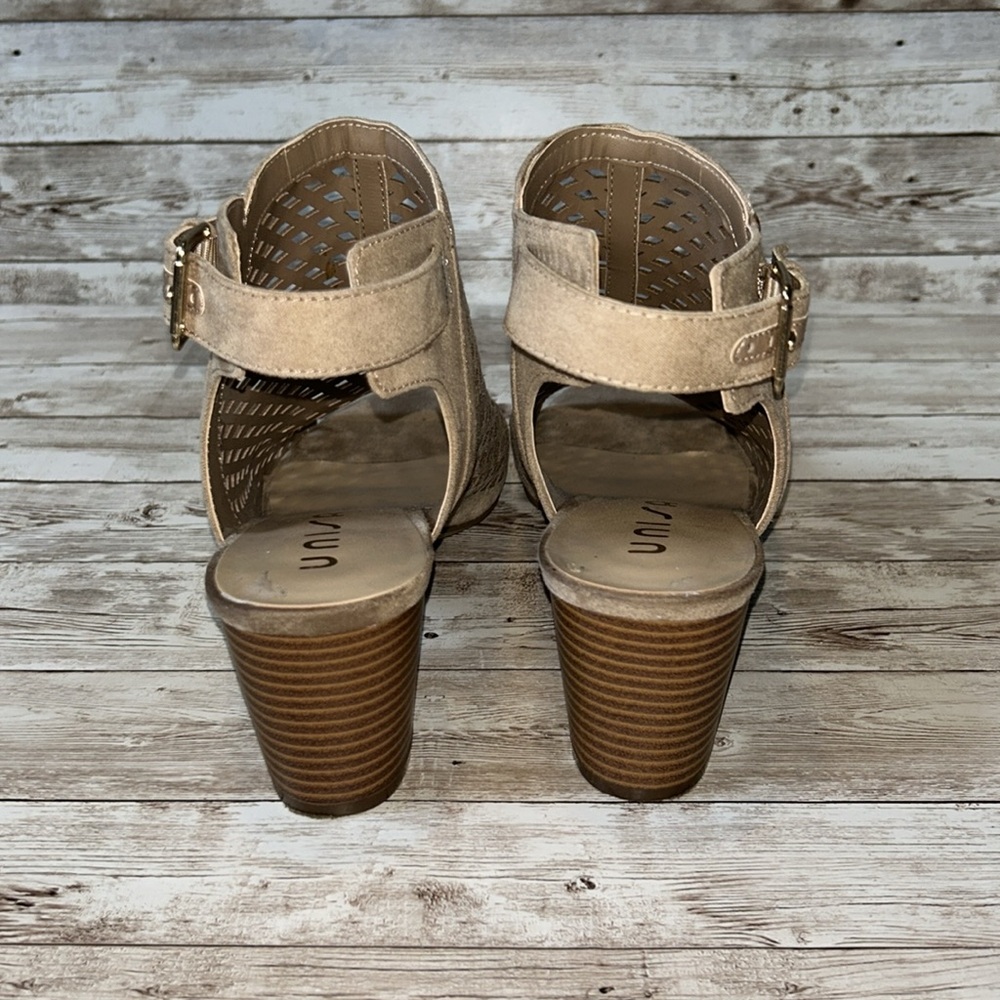 “Unisa”brand, vegan suede, perforated, open toe, chunky heeled shoe - size 10 - Picture 4 of 10